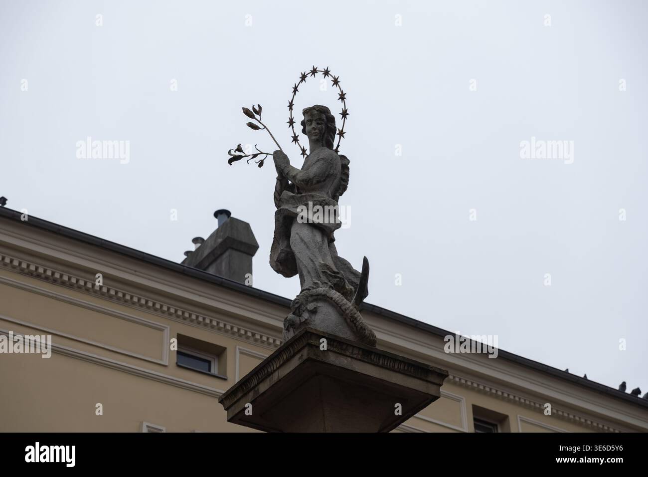 Krakau, Polen - 2. Dezember 2025: Säule mit Marienstatue mit einem Pflanzenzweig, verziert mit einem Sternenhimmel, der Glauben, Hoffnung und Göttliches repräsentiert Stockfoto
