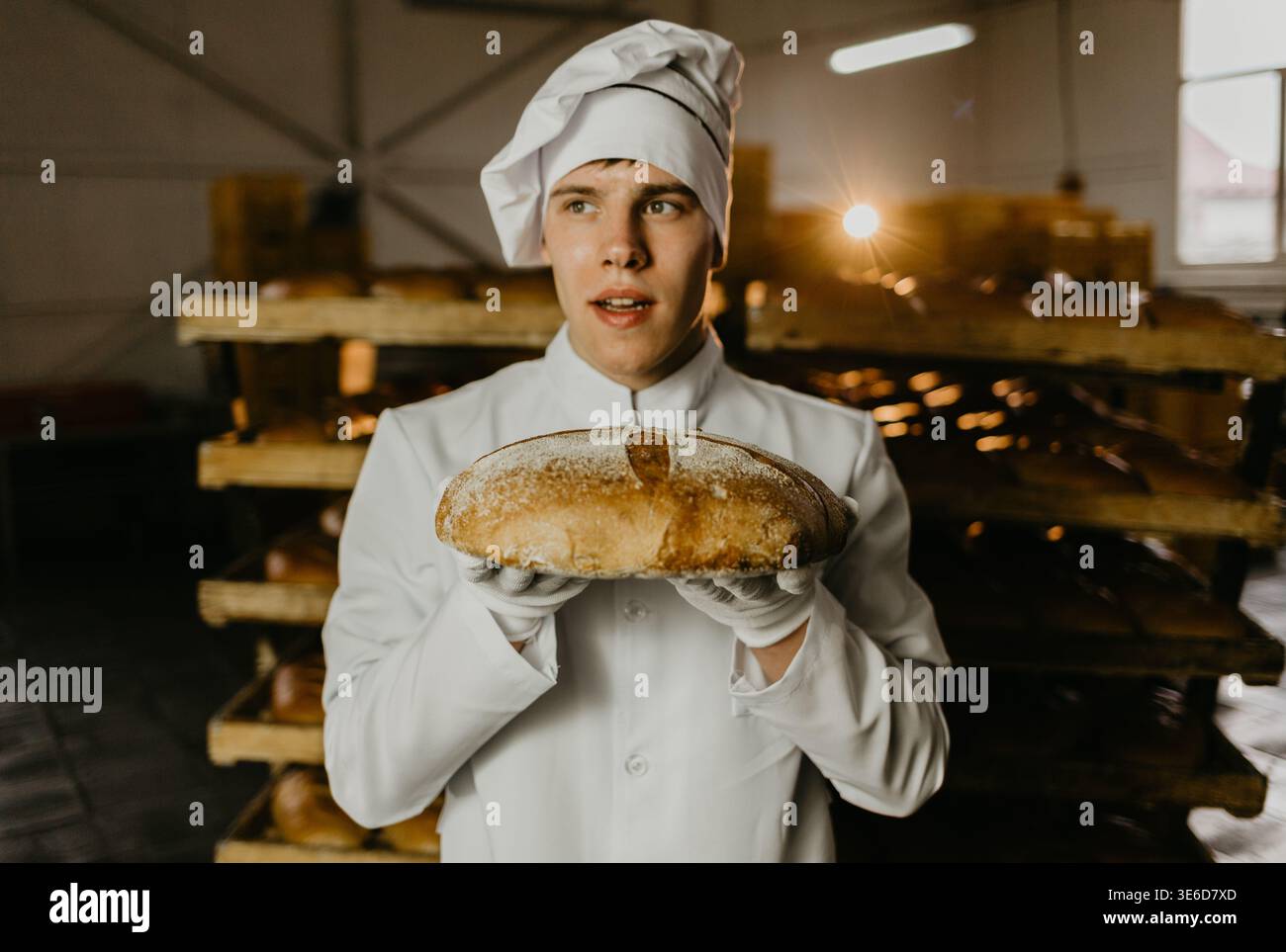 Junge glückliche Arbeiterin in sterilen Tüchern, die frisch gebackene Plätzchen auf Weißblech in der Lebensmittelfabrik halten. Stockfoto