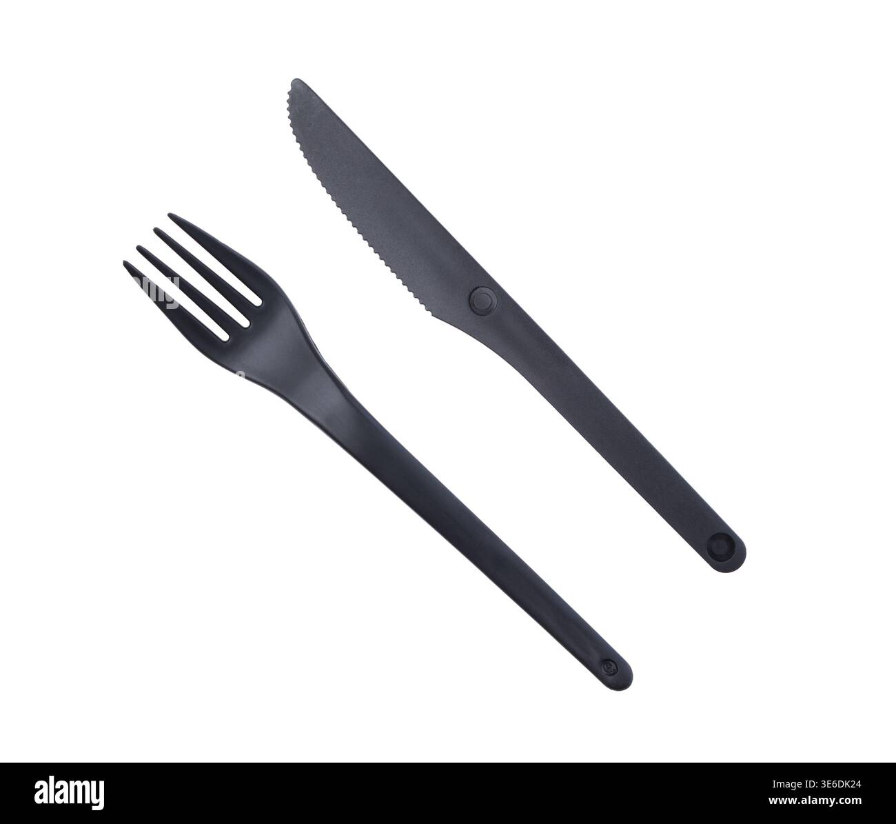 Kunststoff-Set aus Einweggabel und -Messer isoliert auf weiß. Draufsicht. Stockfoto