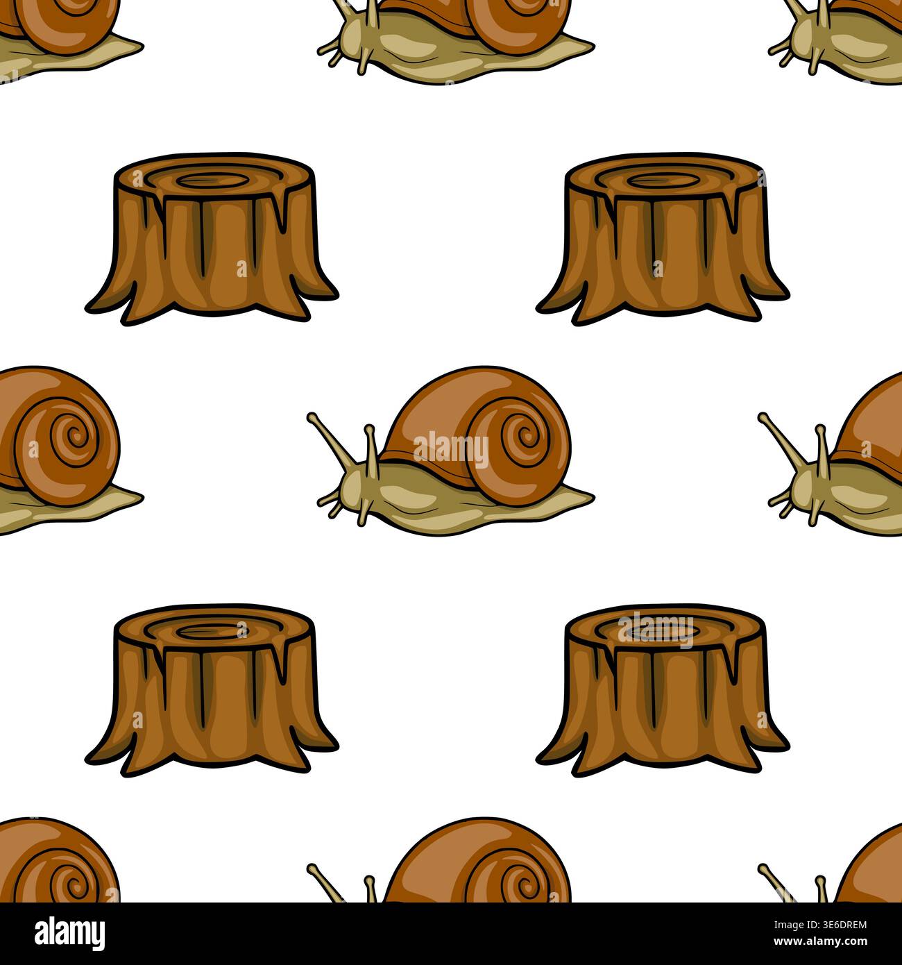 Nahtloses Vektormuster von niedlichen Schnecken und Baumstümpfen, perfekt für Kinderillustrationen und Naturmotive. Stock Vektor