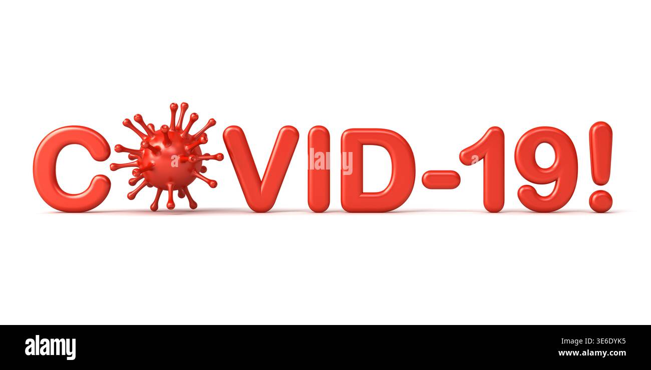 COVID-19-Text oder Coronavirus-Warnung isoliert auf weißem Hintergrund mit 3D-Schattendarstellung Stockfoto