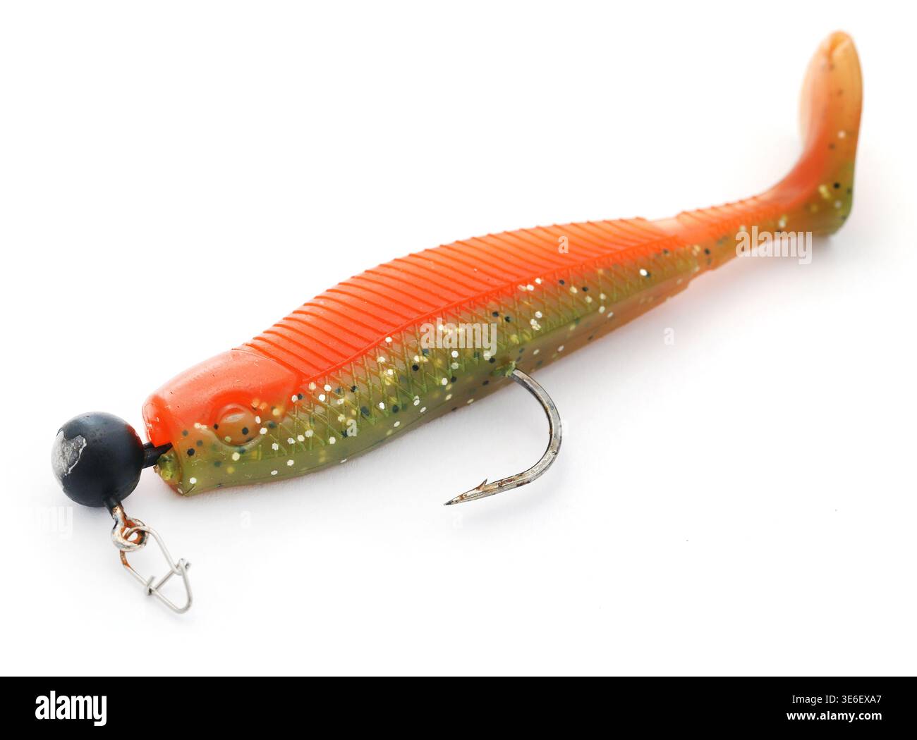 Weicher Gummiköder mit Jighead-Haken zum Fangen von Raubfischen Stockfoto