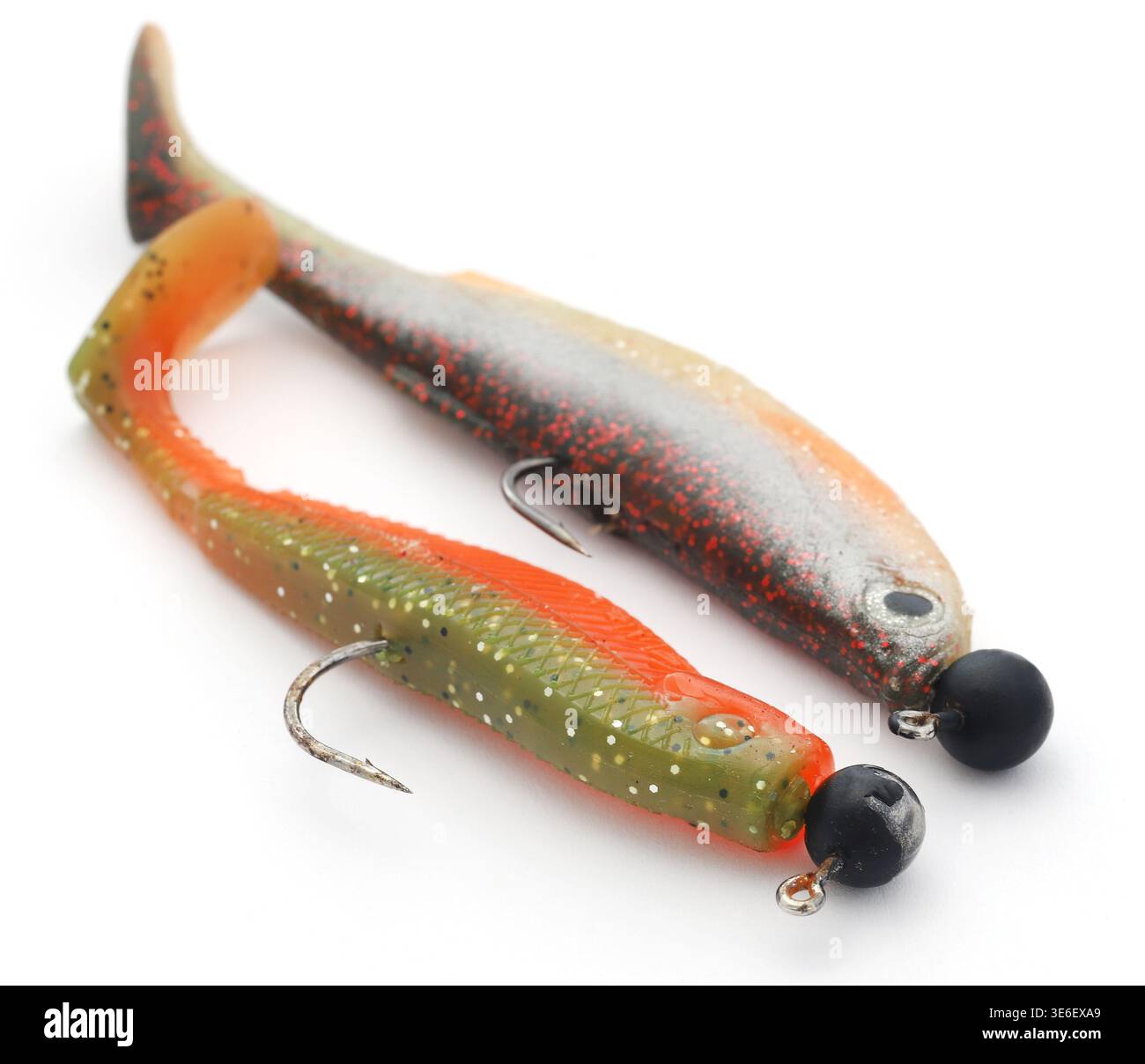 Weicher Gummiköder mit Jighead-Haken zum Fangen von Raubfischen Stockfoto