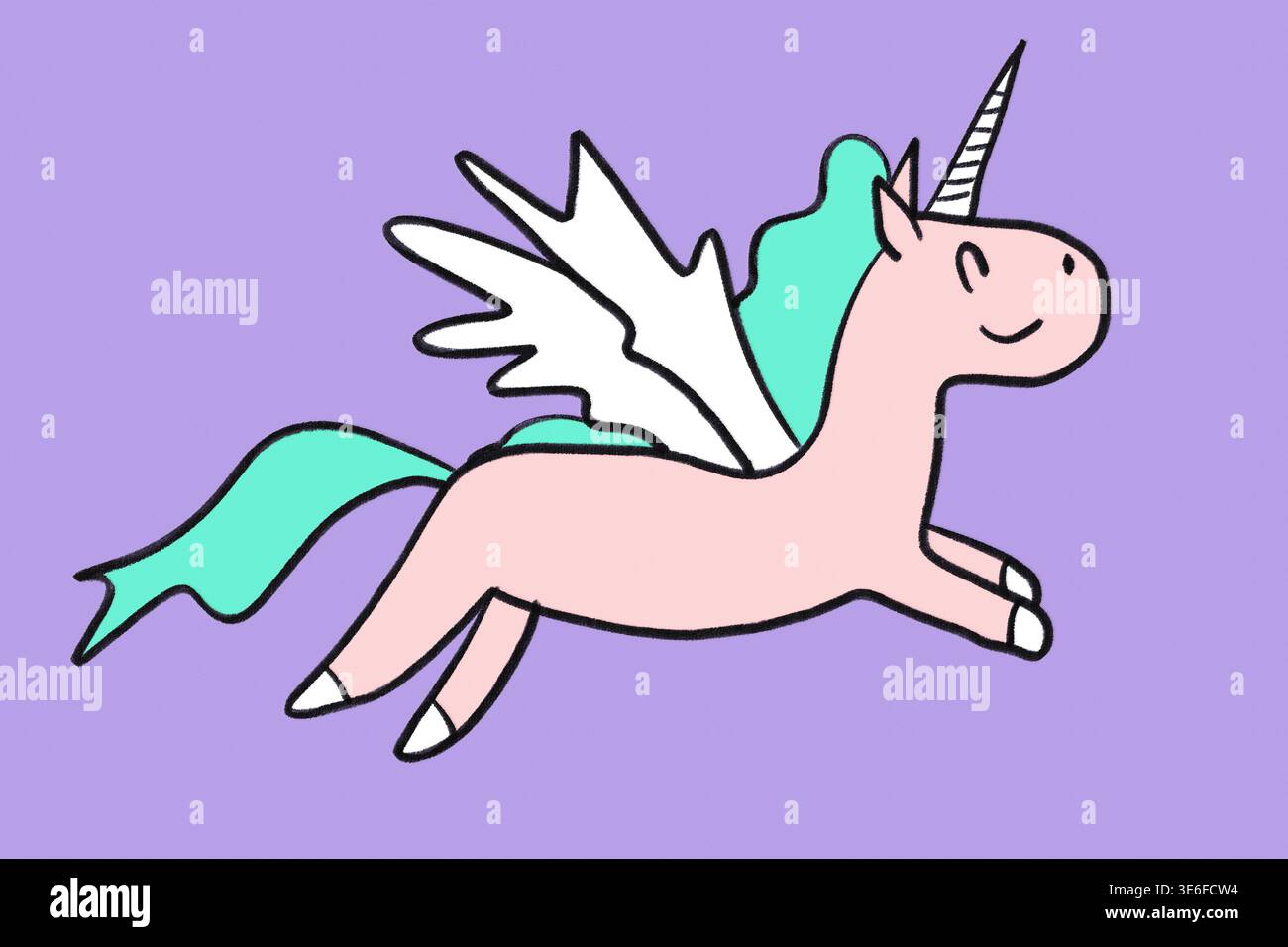 Dieses niedliche Cartoon-Einhorn verfügt über leuchtende Pastellfarben, flauschige Flügel und einen verspielten Ausdruck vor einem beruhigenden lila Hintergrund für Stockfoto