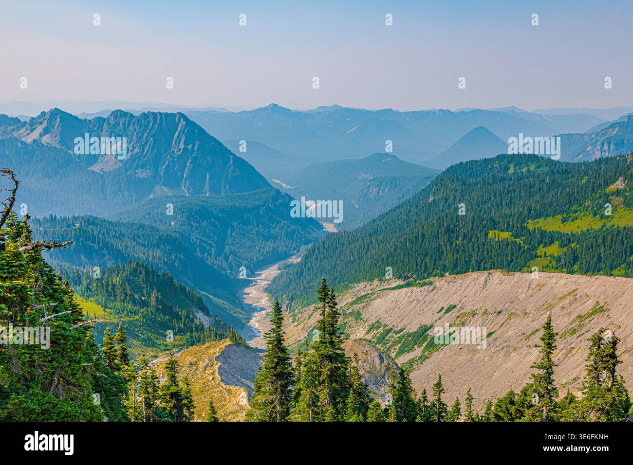 Weitläufiger Blick auf mehrschichtige Bergkämme, ein gewundenes Flusstal und dichte immergrüne Wälder unter einem trüben Himmel. Stockfoto