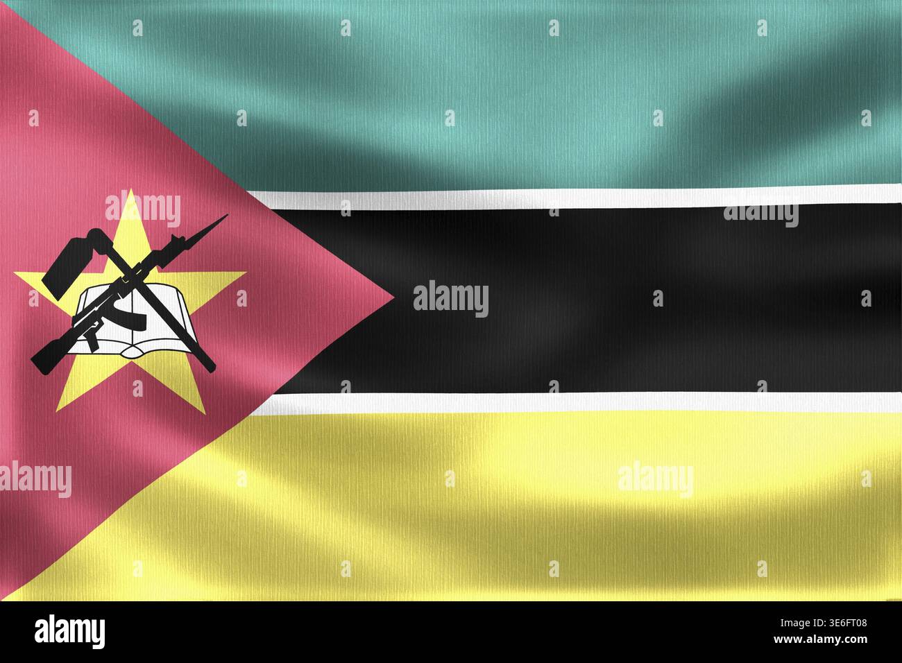 Realistische Vektor-Illustration, die die mosambikanische Flagge zeigt, die anmutig im Wind winkt und nationalen Stolz und Identität zeigt Stockfoto