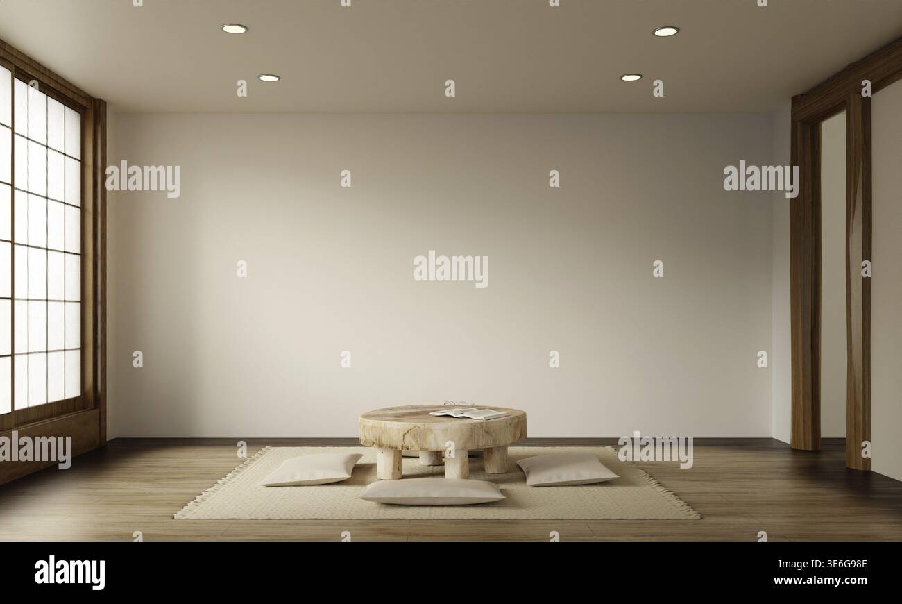 Ein ruhiges Interieur mit minimalistischer Einrichtung und natürlichen Texturen, das zu einem Wellness-Lifestyle und Entspannung beiträgt Stockfoto