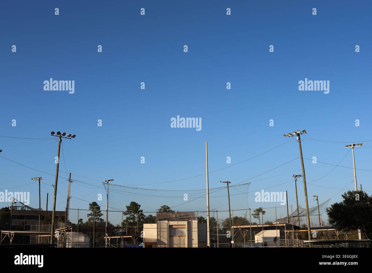 Softball Field Lights und Backstop Netting gegen Cloudless Blue Sky Stockfoto