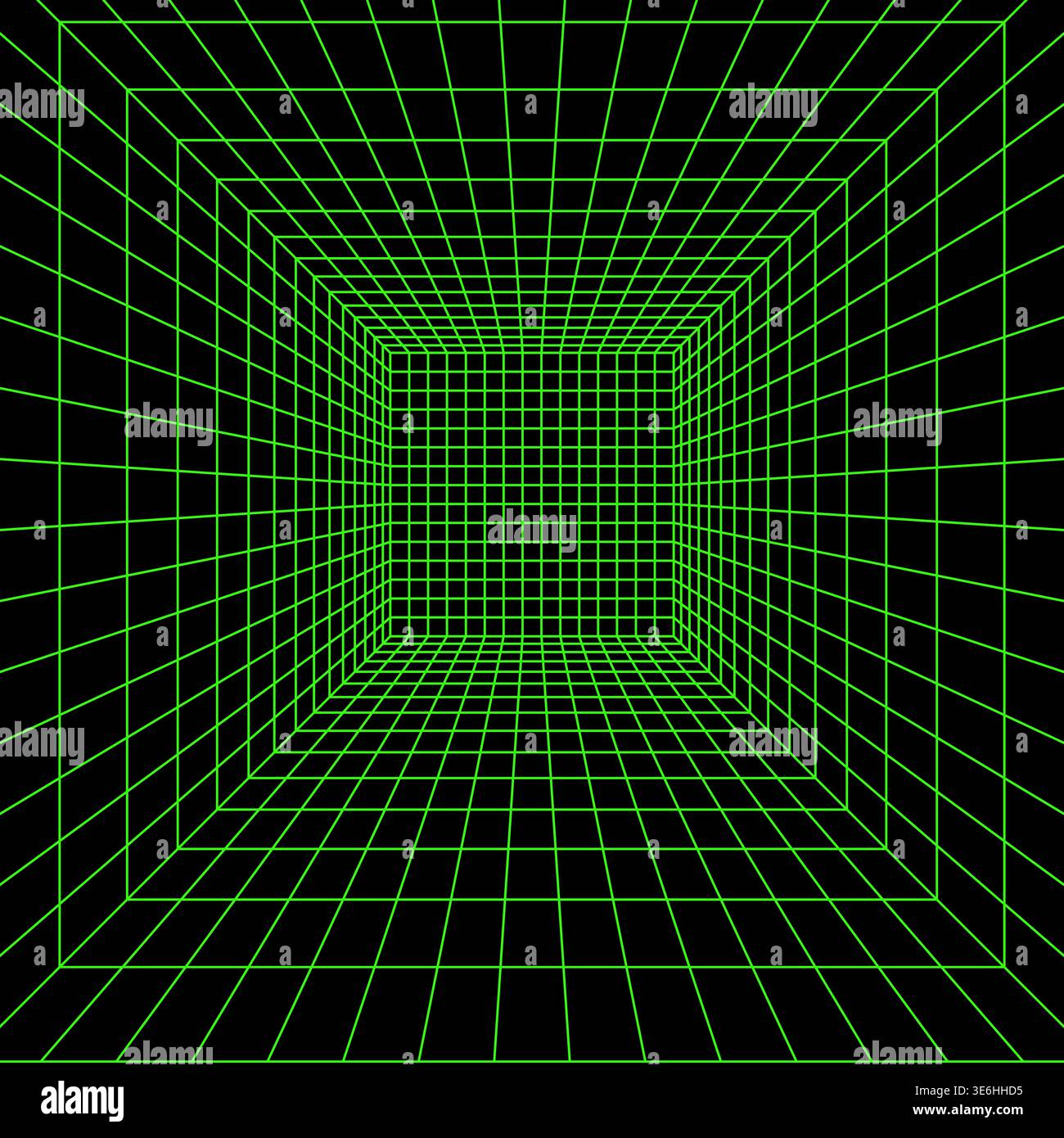 Quadratisches grünes Neon-Drahtmodell in Perspektive auf schwarzem Hintergrund. Viereckige Raum- oder Portalraster-Textur im futuristischen Cyberpank-Stil. Techno Stock Vektor
