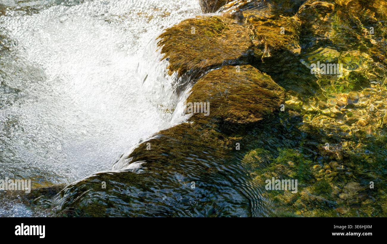 Kristallklares Wasser, Das Über Moosbedeckte Felsen Fließt Stockfoto