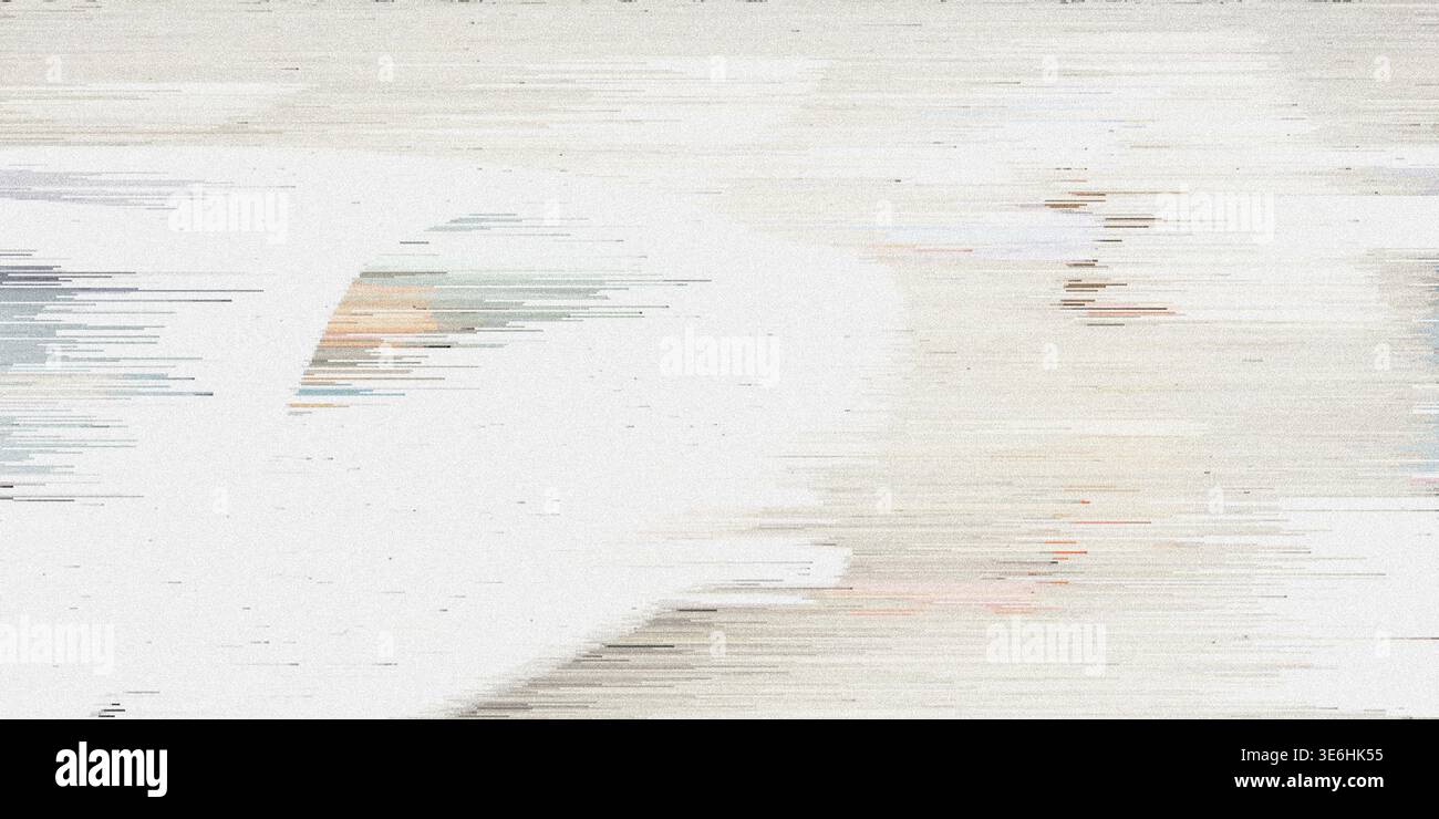 Ein digitales Bildmaterial mit weißem Hintergrund und Streifen in Orange, Blau und Grau. Das Bild hat einen glitschigen Effekt mit horizontalen Linien und Distor Stockfoto