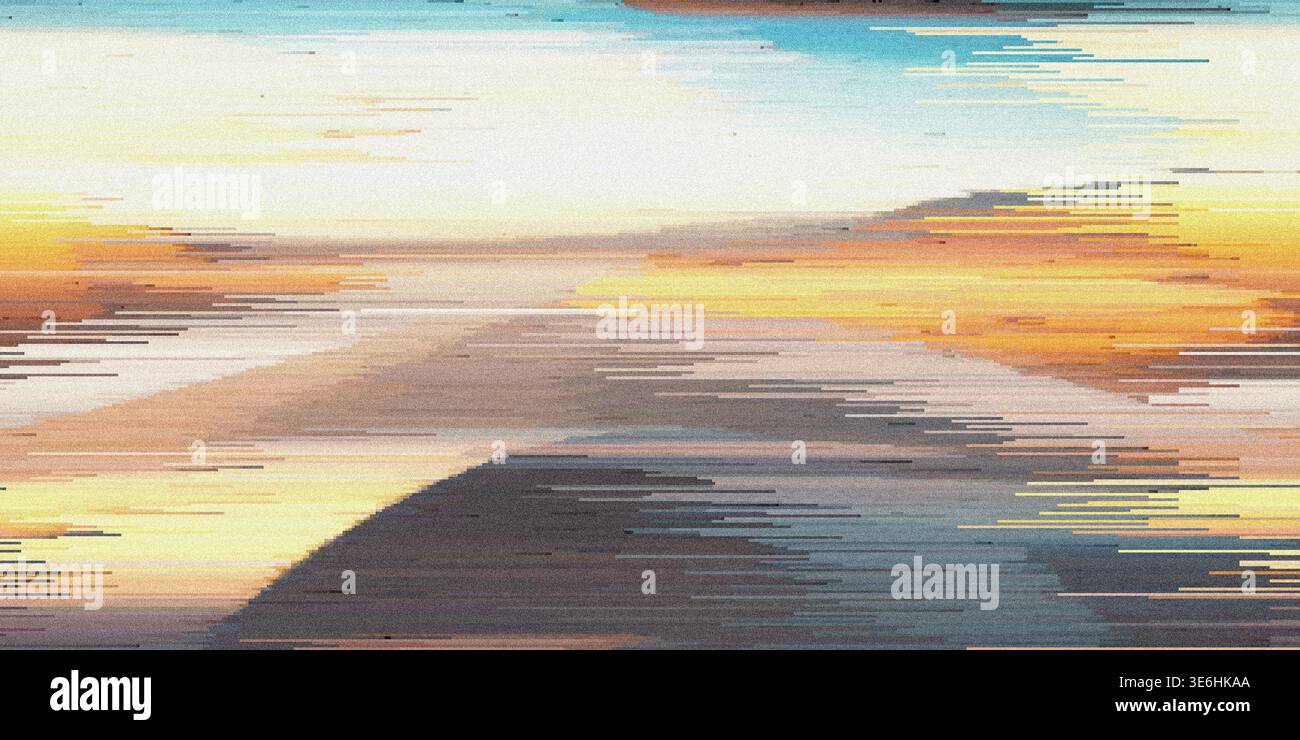Dieses Bild zeigt ein abstraktes Kunstwerk mit gelben, orangen und blauen Streifen auf einem verlaufenden Hintergrund, die ein Gefühl von Wärme und Glühen hervorrufen. Stockfoto