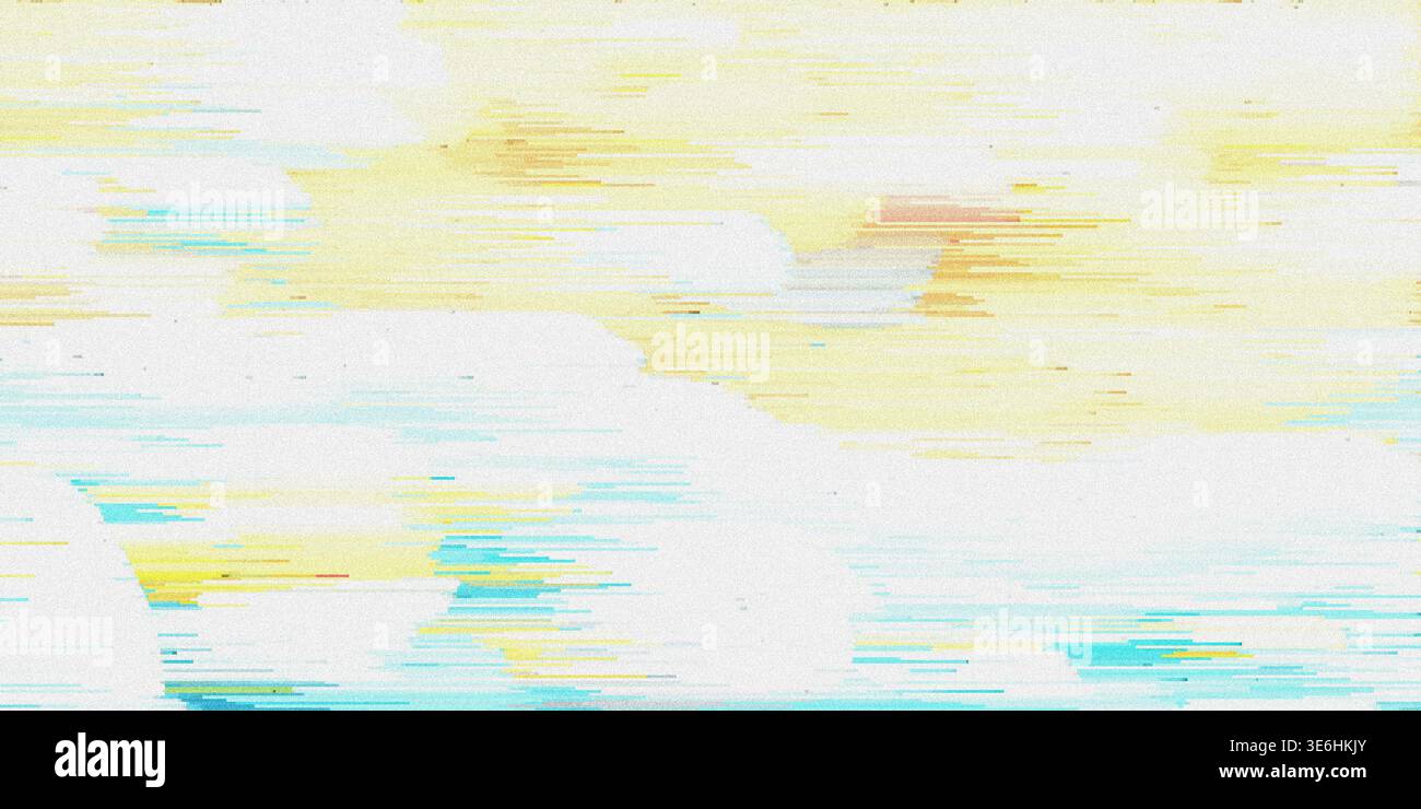 Abstrakter digitaler Glitchhintergrund mit weichen horizontalen Pastelllinien und pixeligem Datenrauschen für einen traumhaften und verzerrten visuellen Effekt. Stockfoto