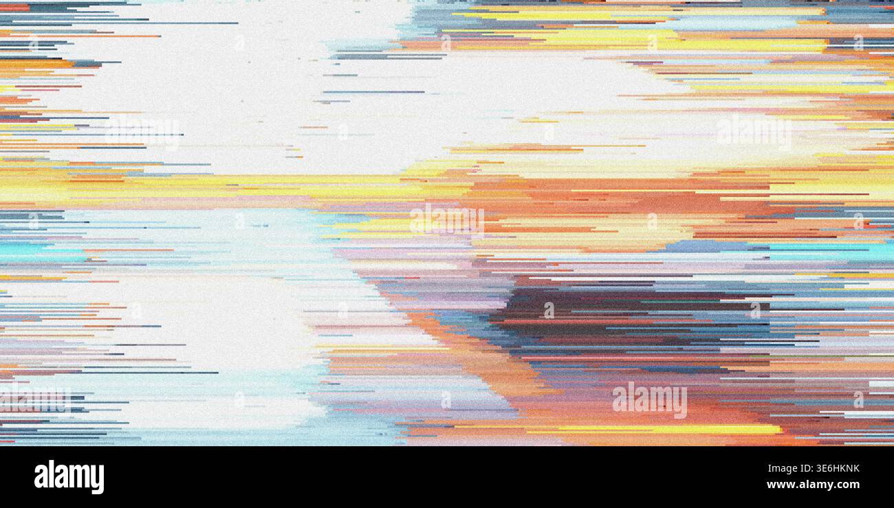 Eine lebendige abstrakte digitale Glitch-Art-Komposition mit horizontalen Streifen von bunten Pixeln, die warme Orange- und kühle Blautöne auf einem Textu verschmelzen Stockfoto