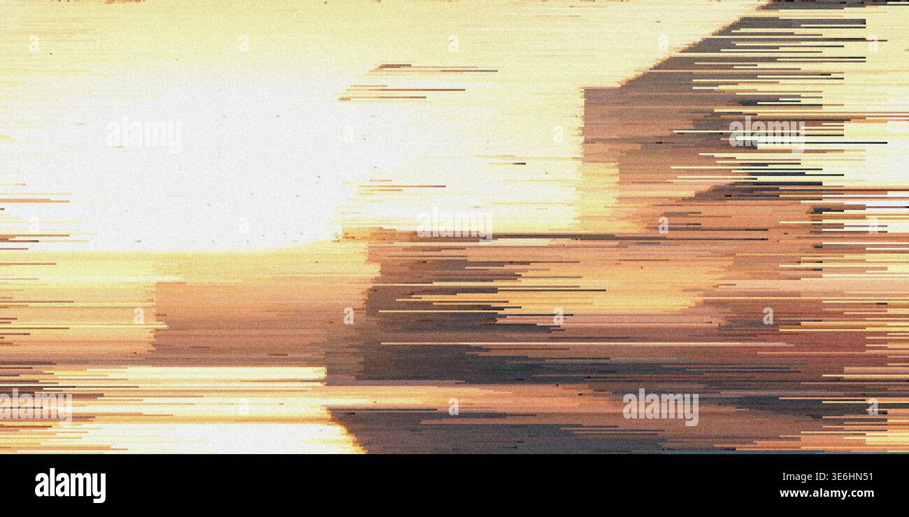 Eine komplexe digitale Glitchart-Komposition mit blockartigen, horizontalen Datenkorruption und Pixelsortierungseffekten in warmen Sonnenuntergangstönen. Stockfoto