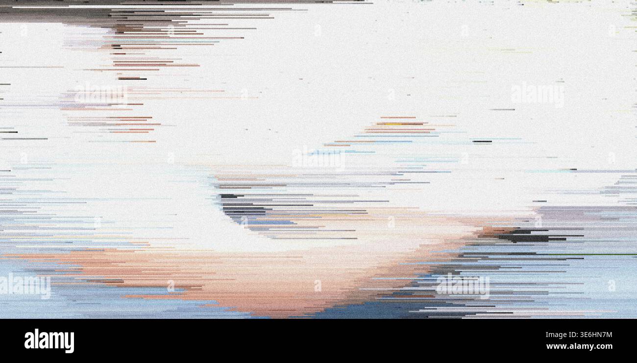 Ein abstraktes digitales Kunstwerk, das horizontale Farbstreifen in Blau und Orange zeigt und einen Störeffekt mit Rauschen und Texturen erzeugt. Stockfoto