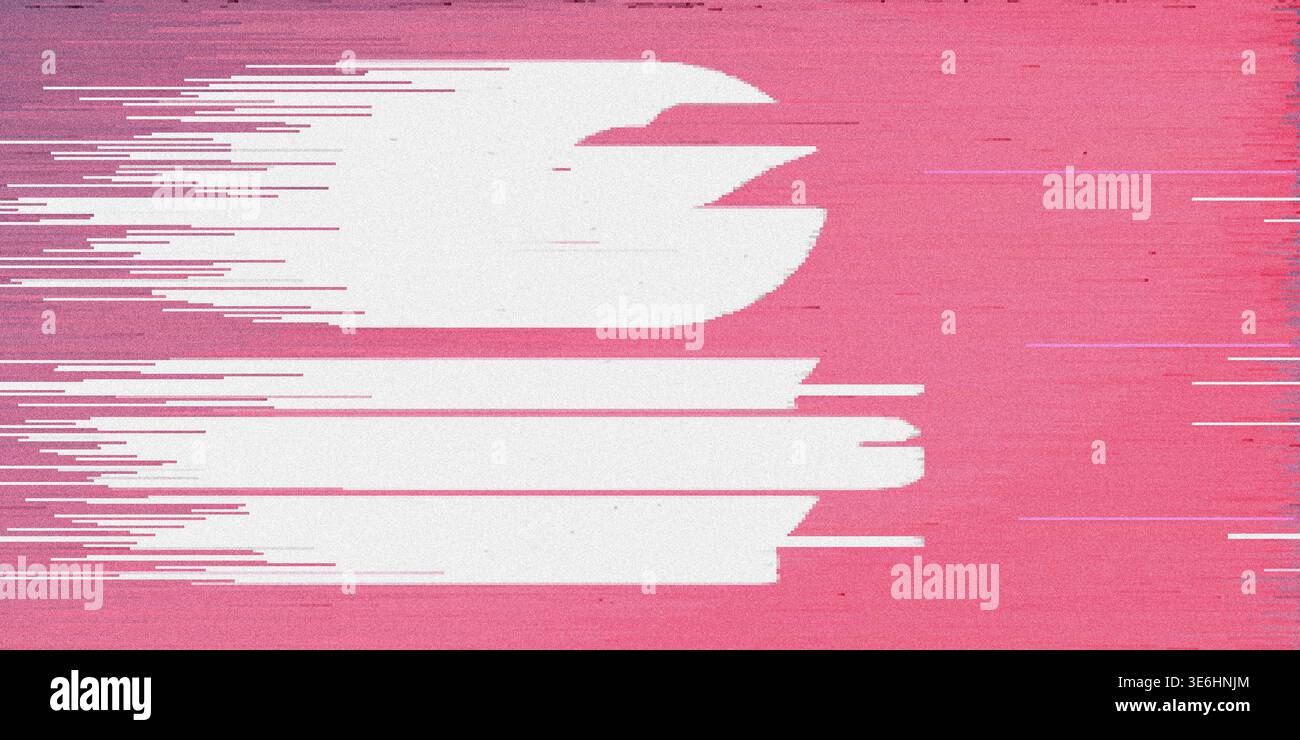 Abstrakte digitale Glitchart mit weißen geometrischen Formen mit horizontaler Bewegungsunschärfe und Datenbeschädigung auf einem strukturierten rosa Hintergrund. Stockfoto