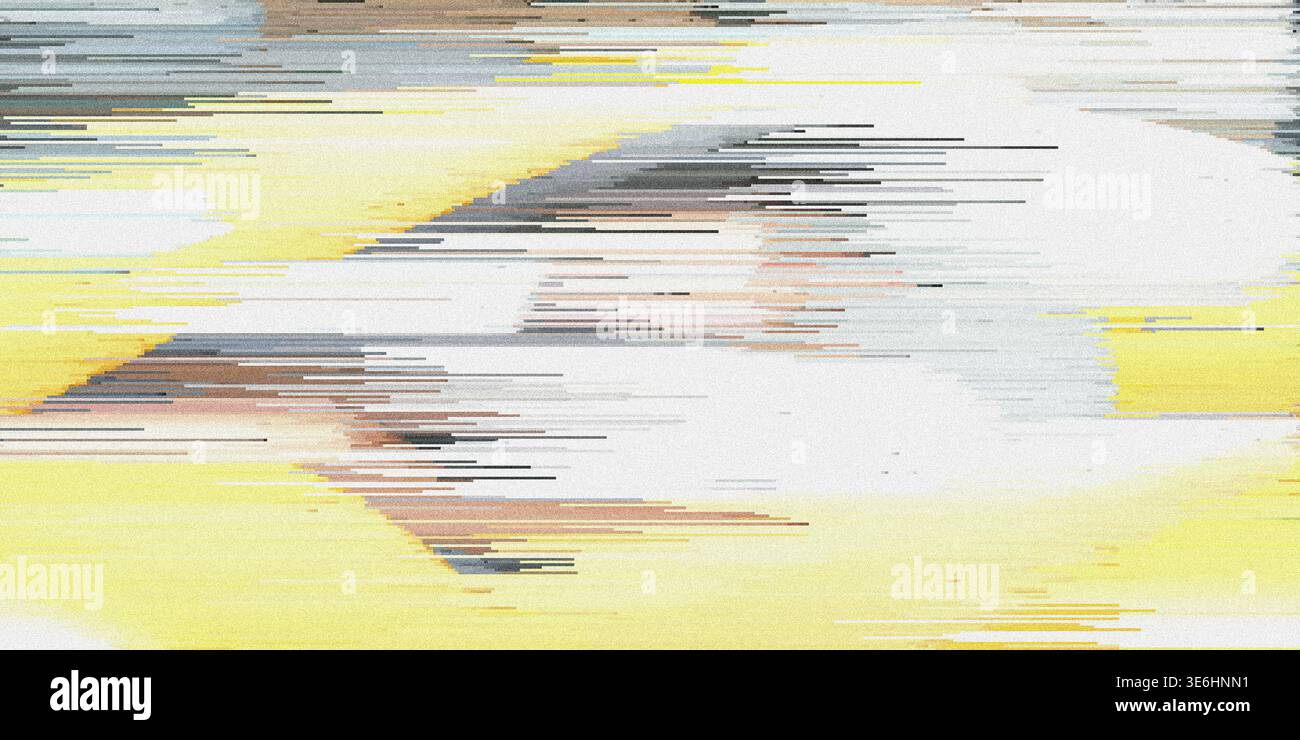 Ein abstraktes digitales Kunstwerk, das sich durch horizontale gepixelte Streifen und Rauschen auszeichnet und eine Palette von sanften Gelb-, Grau- und Weißtönen aufweist. Stockfoto
