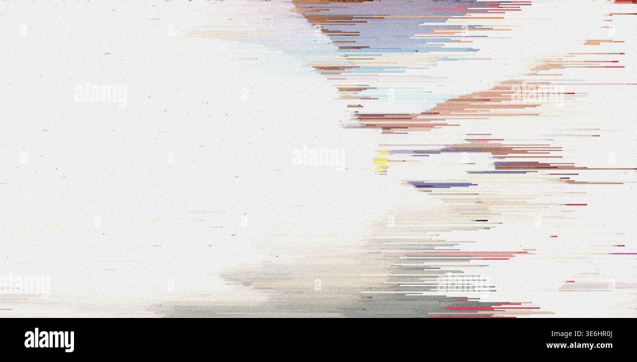 Ein dynamisches abstraktes Glitch-Art-Bild mit mehrschichtigen horizontalen Bändern in gedämpften Blau-, Braun- und Rottönen, die ein Gefühl von Bewegung und digitalem Zerfall schaffen. Stockfoto