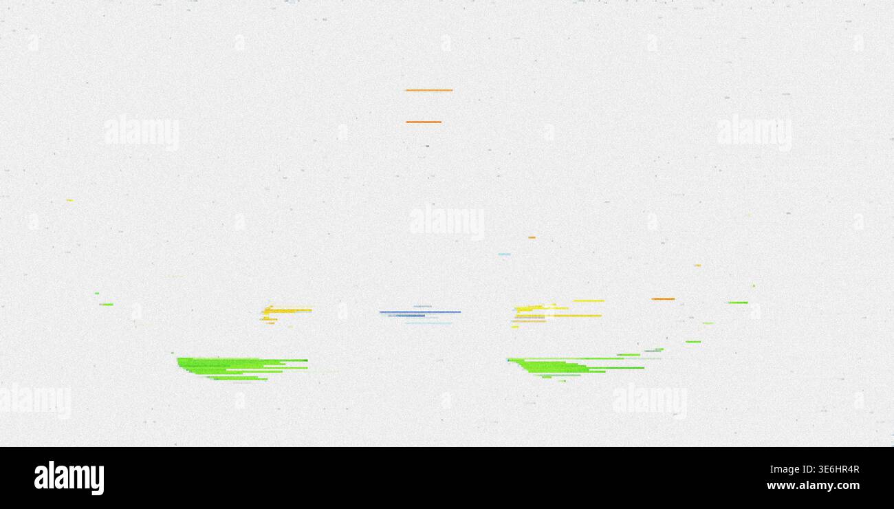 Minimalistische digitale Glitchart mit spärlichen, verstreuten horizontalen Farbsegmenten und Linien vor einem klaren, strukturierten hellen Hintergrund. Stockfoto