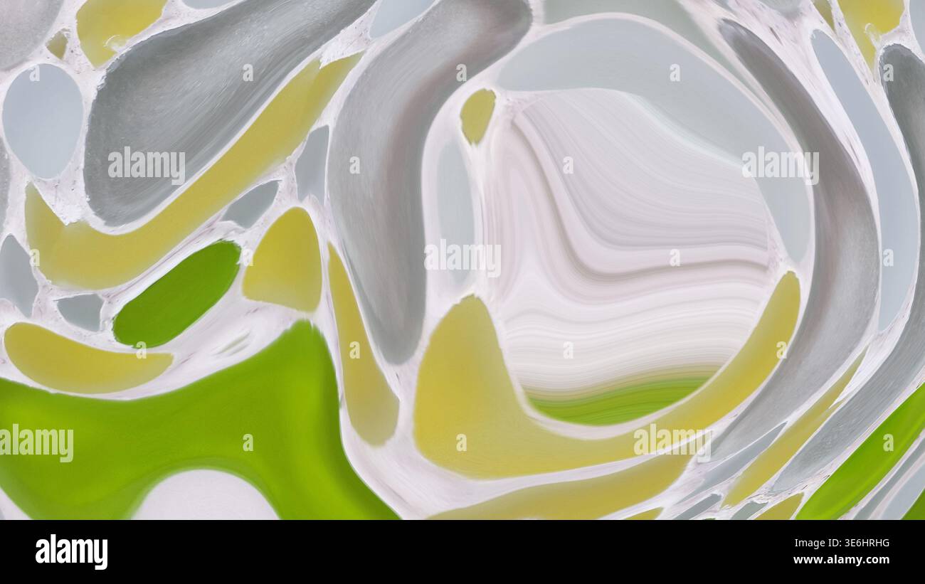 Abstrakte flüssige Kunst, die ein organisches Muster mit grünen, gelben, grauen und weißen Flüssigkeitswirbeln schafft Stockfoto