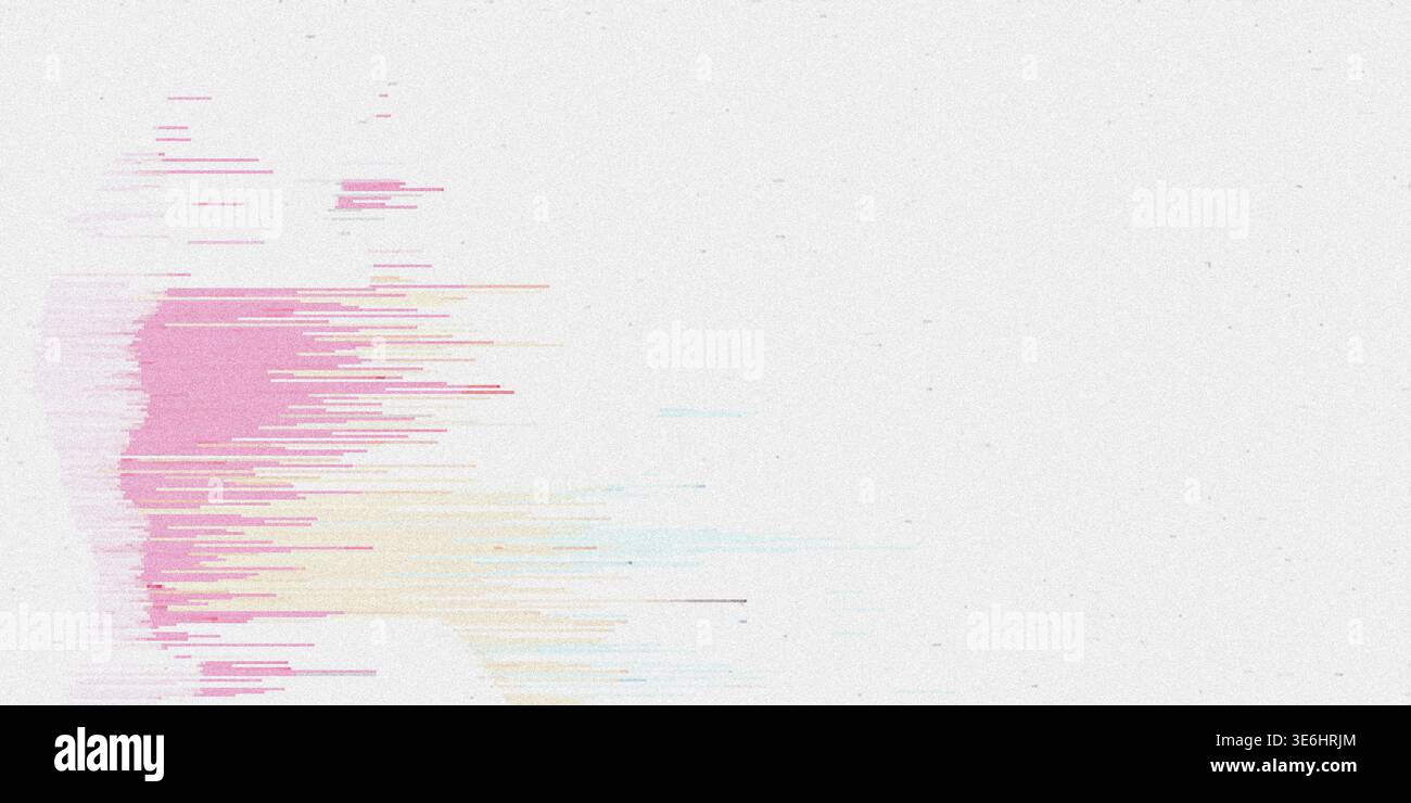 Ein abstraktes digitales Kunstwerk, das einen konzentrierten Anstieg rosa und gelber Glitching-Pixel und horizontale Datenströme auf hellem Hintergrund zeigt. Stockfoto
