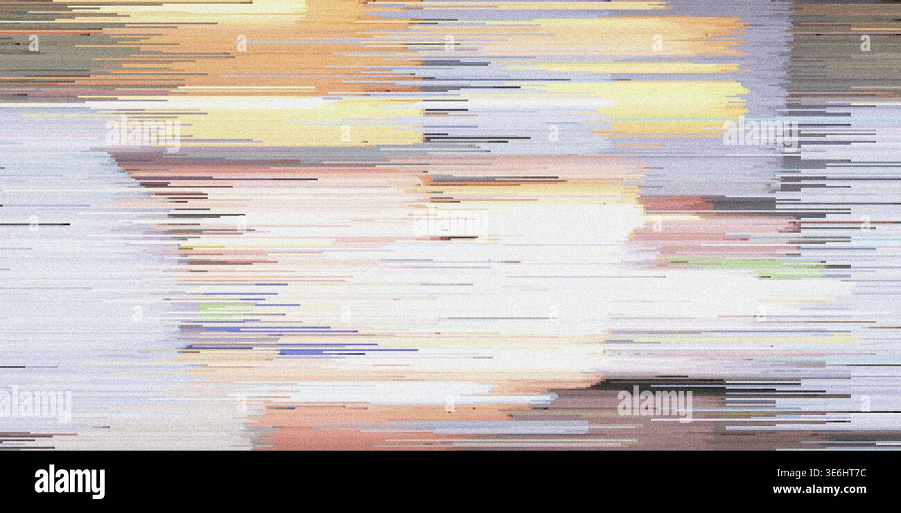 Eine abstrakte Komposition mit horizontalen Farbstreifen, Pixelsortierungseffekten und körnigem Rauschen, die eine moderne digitale Glitchart-Ästhetik schafft. Stockfoto