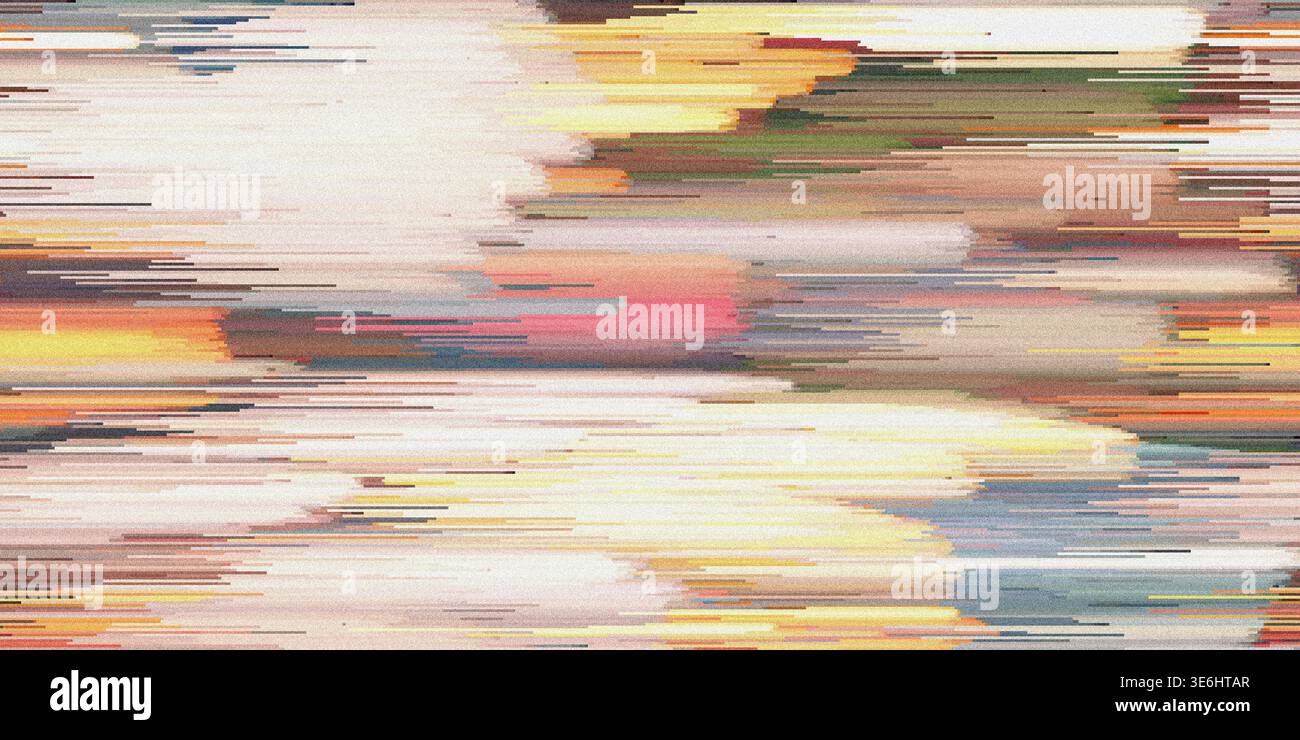 Eine abstrakte digitale Kunstkomposition mit horizontalen Pixelsortierungseffekten mit einer warmen Farbpalette aus Orange-, Gelb- und sanften Rosa-Tönen. Stockfoto