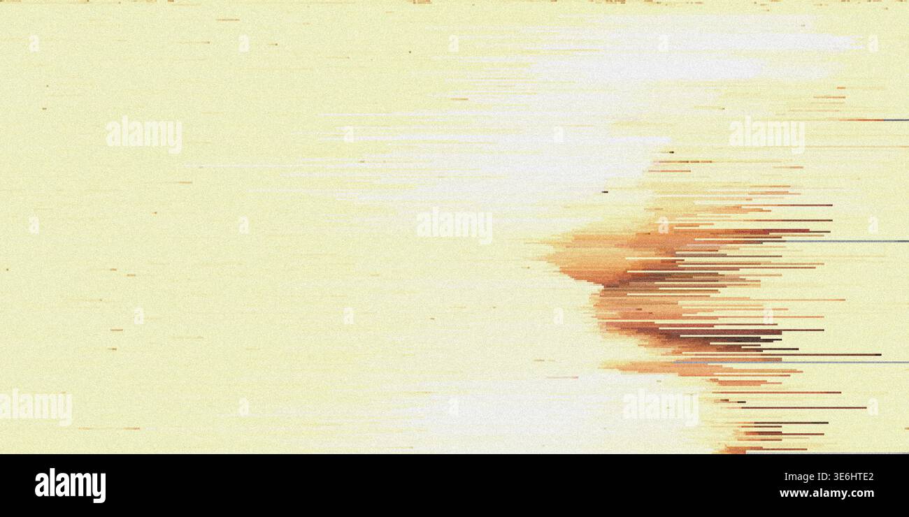 Eine minimalistische abstrakte digitale Komposition, die sich durch sanfte orange und beige horizontale Glitchlinien auszeichnet, die ein Gefühl von Bewegung und Datenverfall erzeugen. Stockfoto