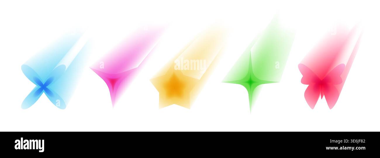 Y2K ästhetische Aura-Ikonen mit Verlaufsformen und Neonfarbe, 3D abstrakte Vektor holographische Sterne, Blumen isoliert auf weißem Hintergrund. Retro-Design der 2000er Jahre mit weichem, leuchtendem Schmetterling Stock Vektor