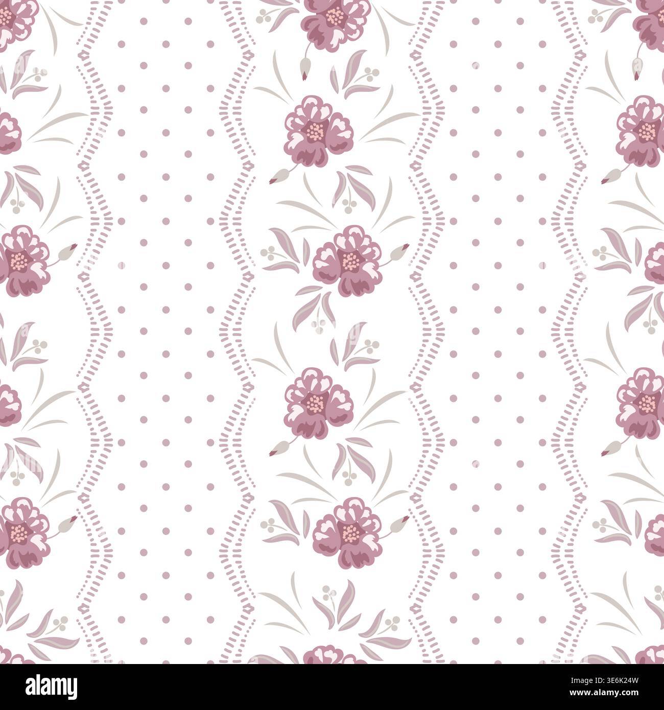 Blumenmuster gedämpftes rosa mit Streifen auf weißem Hintergrund mit Gartenblumen. Bauernhaus im Hintergrund mit Frühlingsfarben Stock Vektor
