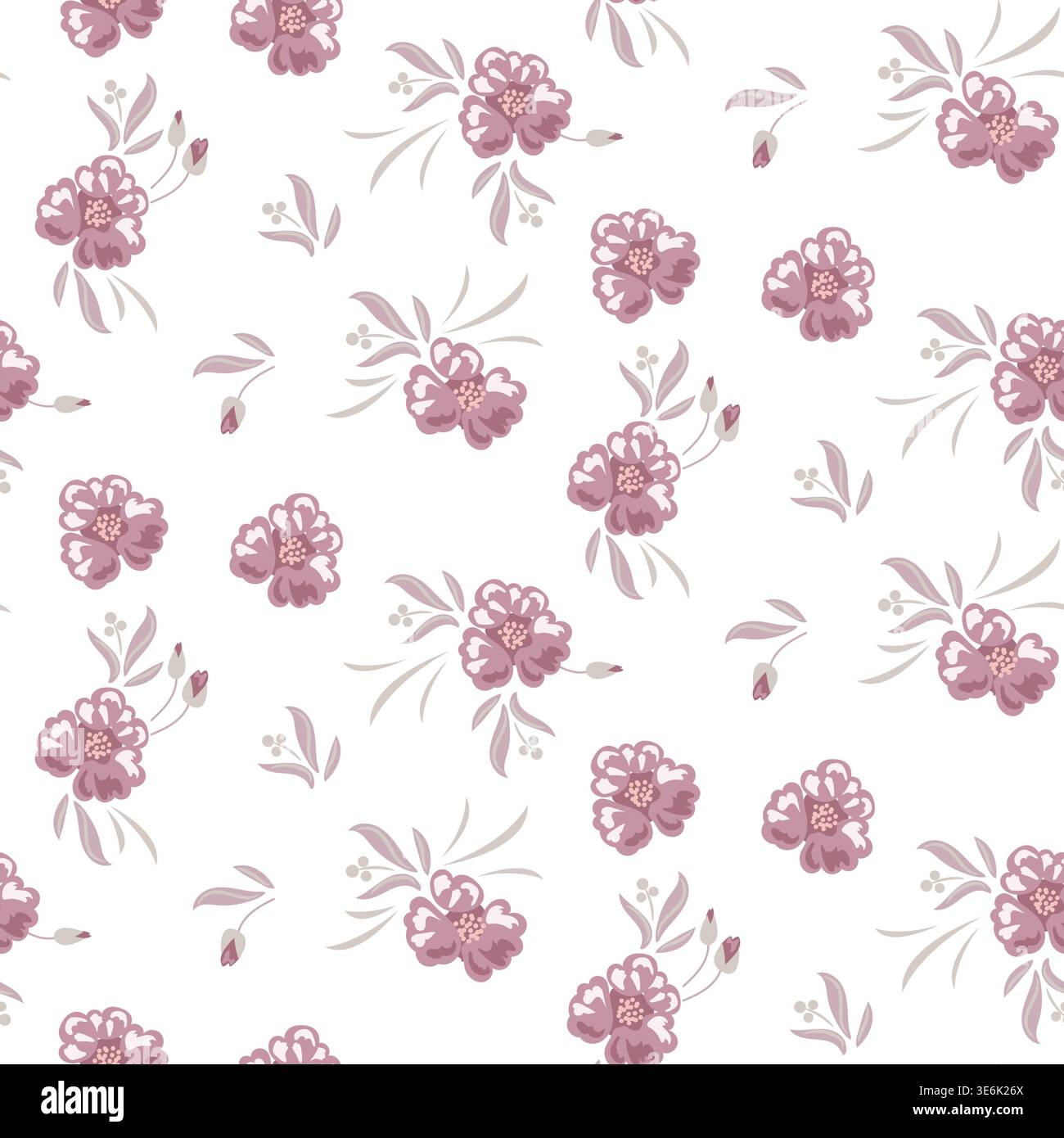 Blumenmuster gedämpftes rosa auf weißem Hintergrund mit Gartenblumen. Bauernhaus im Hintergrund mit Frühlingsfarben Stock Vektor