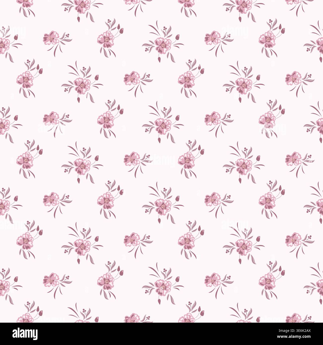 Blumenmuster rustikaler kleiner kleiner rosafarbener Hintergrund mit Gartenblumen. Bauernhaus im Hintergrund mit Frühlingsfarben Stock Vektor