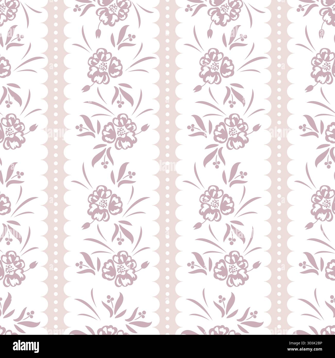 Blumenmuster gedämpfte rosa Streifen auf weißem Hintergrund mit Gartenblumen. Bauernhaus im Hintergrund mit Frühlingsfarben Stock Vektor
