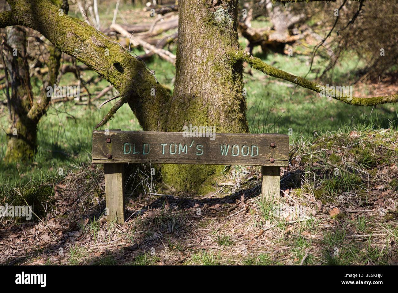 Schild mit der Lage von Old Tom's Wood in der Nähe des Watergrove Reservoir, Rochdale, Manchester, Großbritannien. Stockfoto