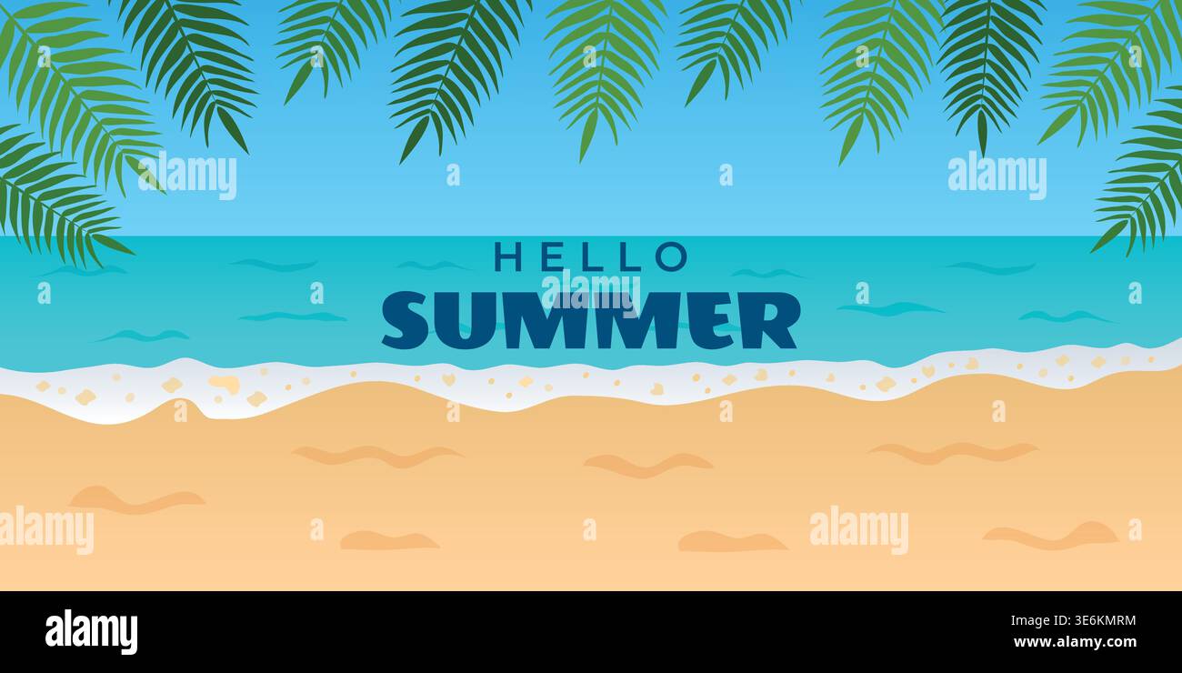 Tropischer Sommer Strand Hintergrund mit dem Text Hallo Sommer. Vektorabbildung. Stock Vektor