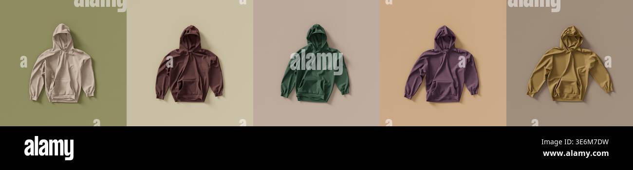 Hoodie-Modell mit mehreren Farboptionen in einem klaren Layout, ideal für E-Commerce, Branding und Print on Demand-Bekleidung mit flexiblem Design Stockfoto