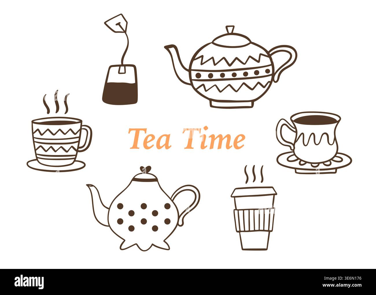 Teezeit handgezeichnetes Doodle Set mit Teekanne Stock Vektor