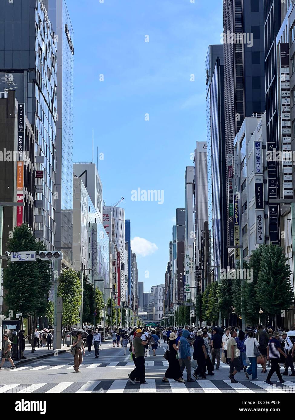 Fußgänger überqueren eine breite Allee mit hohen Gebäuden in Tokio, Japan. - Smartphone-aufgenommenes Stockfoto