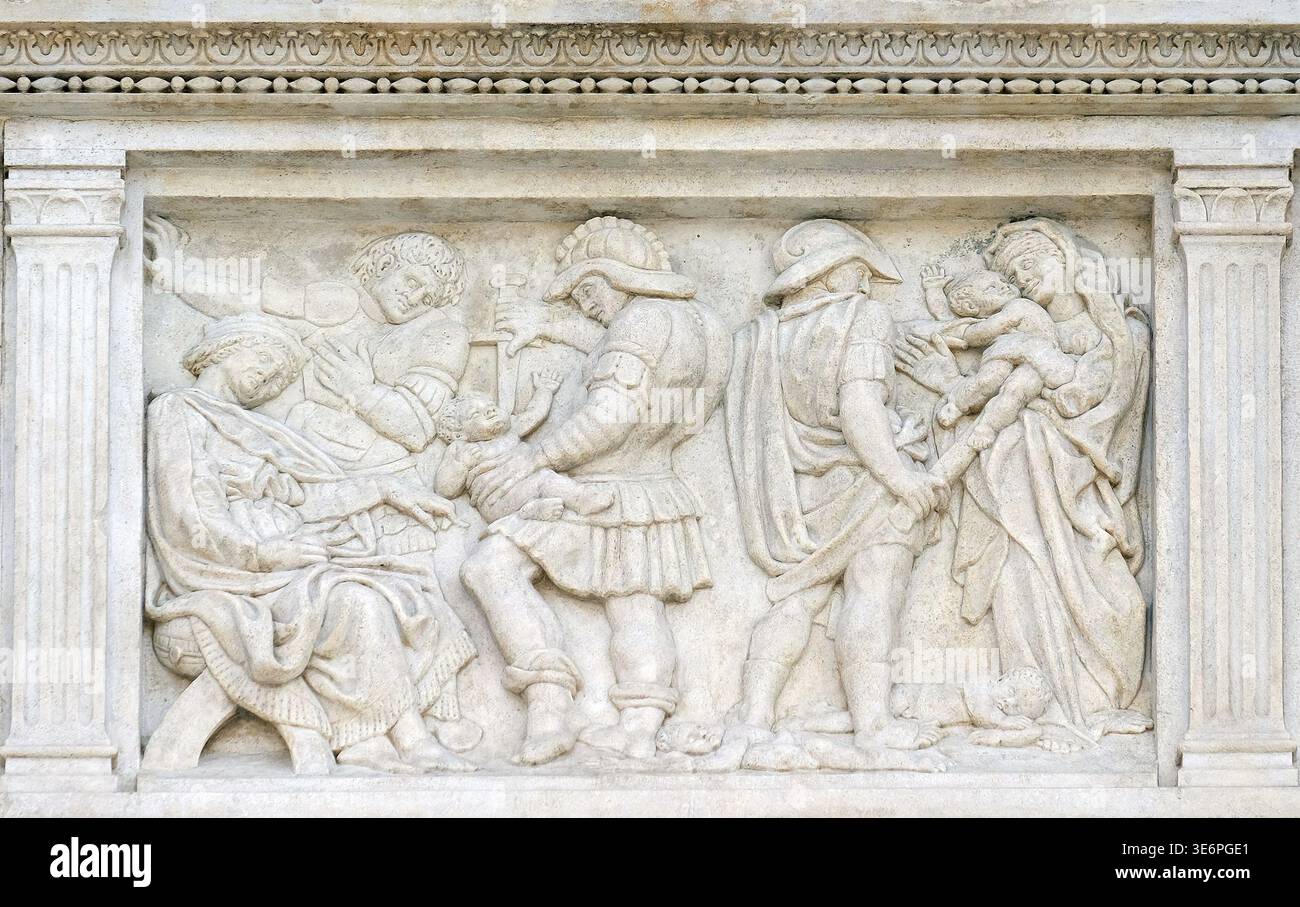 Das Massaker von unschuldigen, Relief am Portal von St. Petronius Basilica in Bologna, Italien Stockfoto
