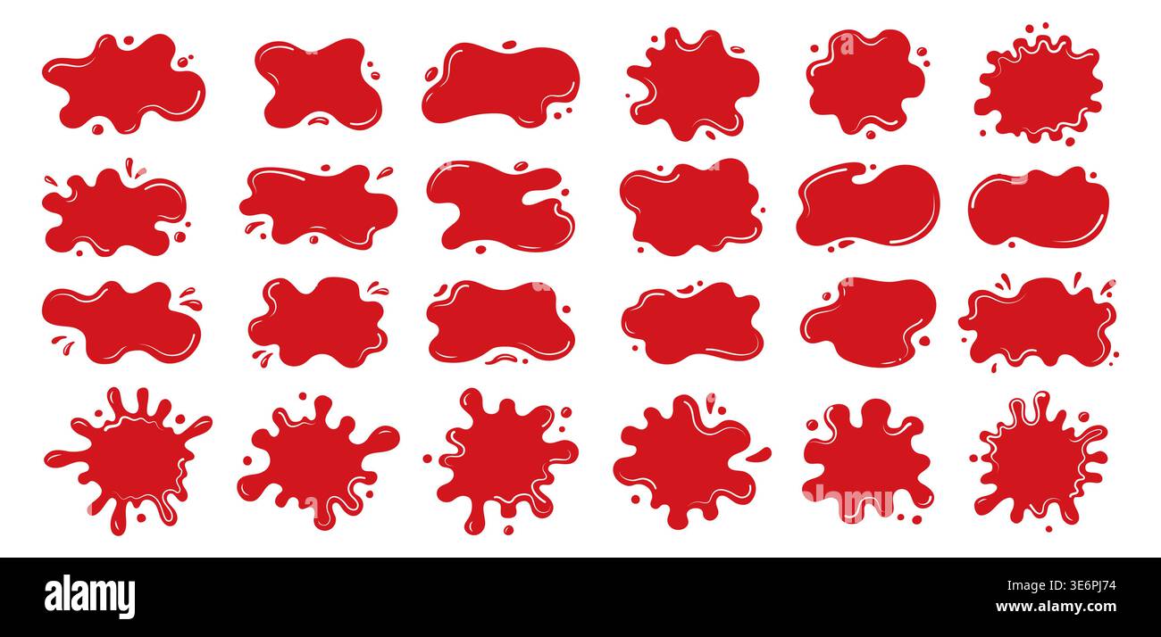 Flüssige Formen Blutflecken Silhouetten Set. Flüssige Pfützen, Spritzer, rote Tropfen, wellige Klumpen. Organische Blasenformen. Glatte Flecken, weiche, ungleichmäßige Verschüttungen Tropfen abstrakte Formen Rahmen Hintergrunddesign Stock Vektor