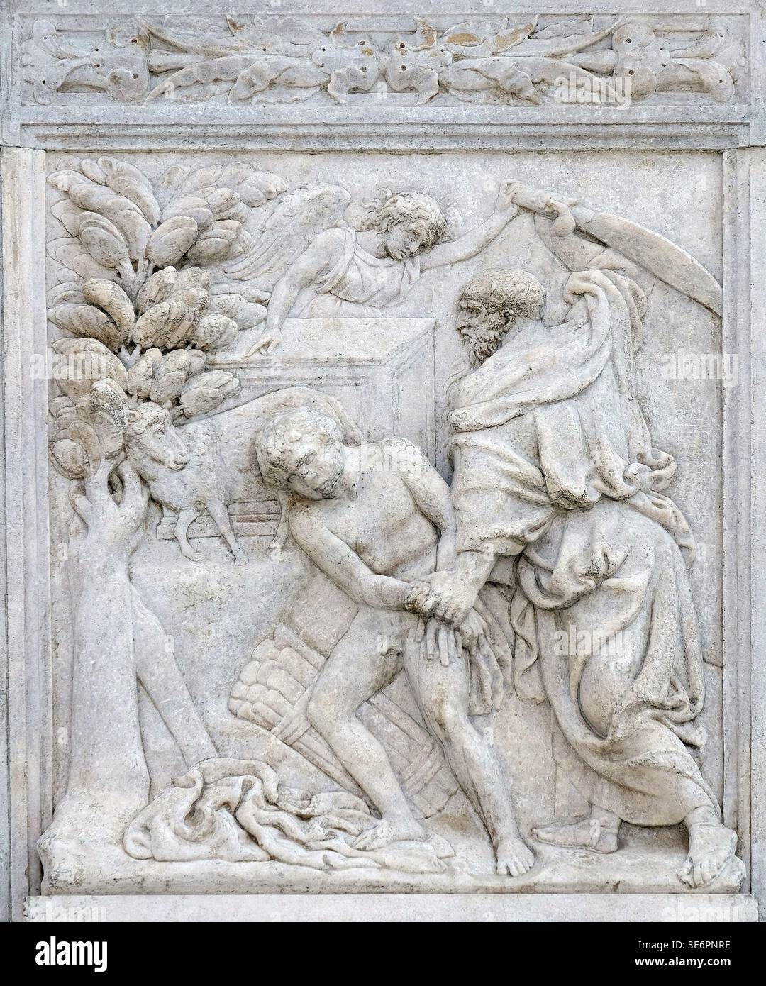 Abraham opfert Isaak, Relief am Portal der Basilika S. Petronius in Bologna, Italien Stockfoto