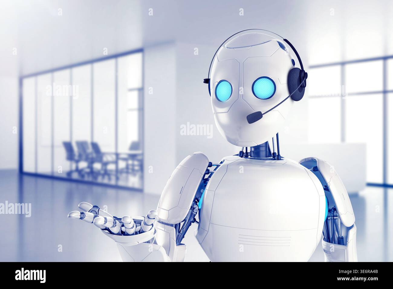 Freundlicher KI-Roboter, der ein Headset in einem modernen Büro trägt. Konzept für automatisierten Kundenservice, virtuellen Assistenten und zukünftigen Technologiesupport. Stockfoto