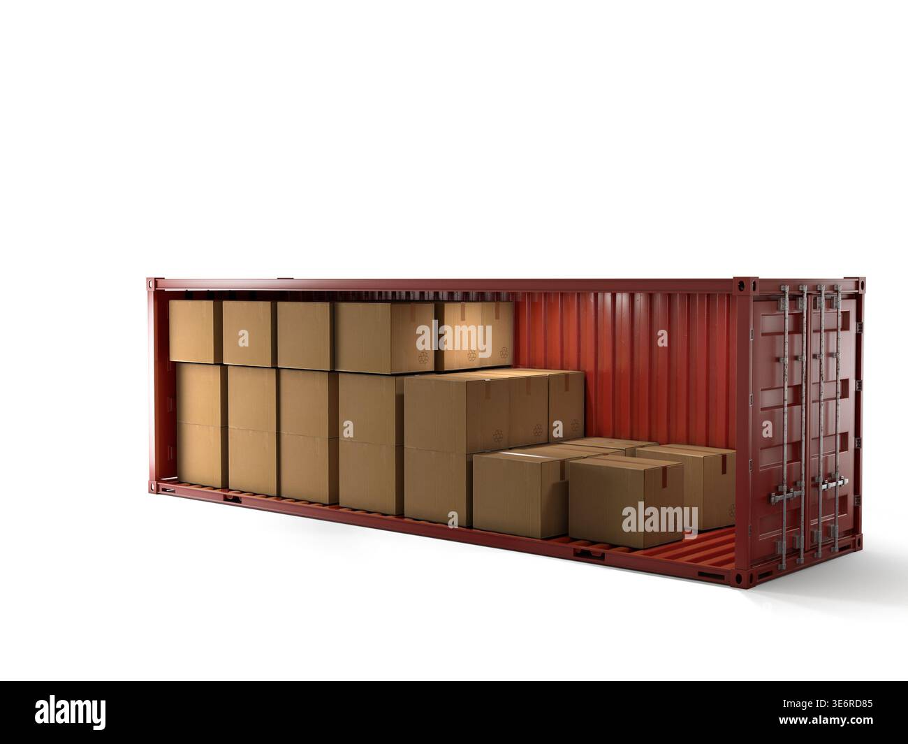 Roter Versandbehälter mit offener Seite mit gestapelten Kartons. Konzept für Logistik, Ladungslagerung und Welthandel. Stockfoto