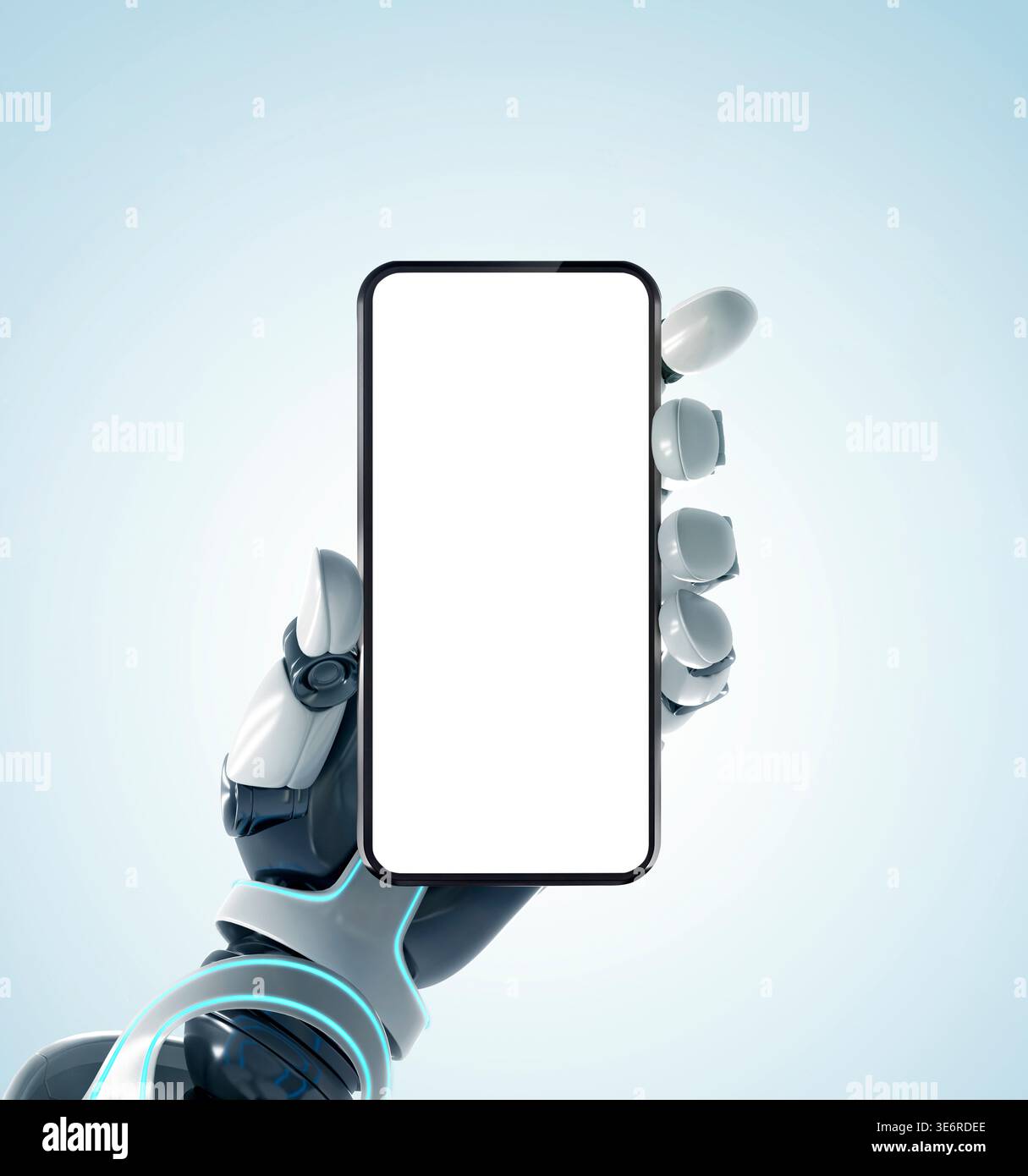 Roboterhand, die ein Smartphone mit einem leeren weißen Bildschirm hält. Konzept für KI-Technologie, mobile Apps und futuristische digitale Schnittstelle. Stockfoto