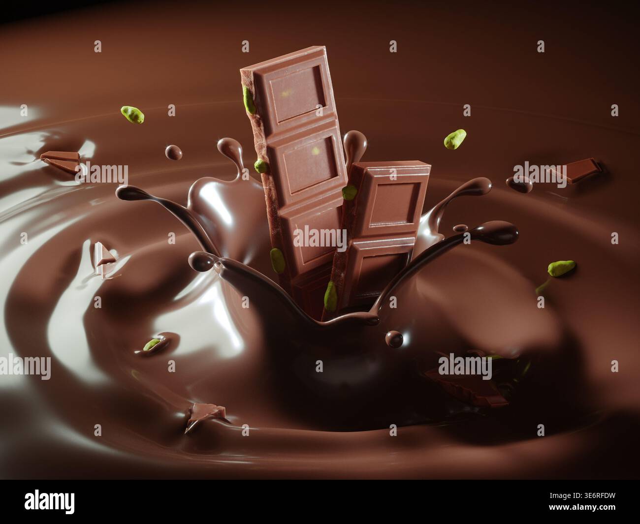 Schokoladentafeln mit Pistazien, die in flüssige Schokolade spritzen. Dynamisches 3D-Rendering für die Werbung für Gourmet-Süßigkeiten, Snacks und Süßwaren. Stockfoto