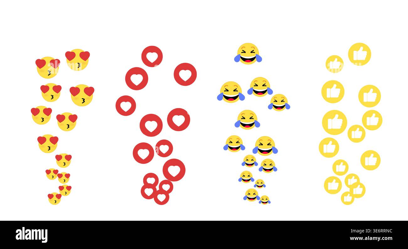 Emoji-Symbole in sozialen Medien, die auf weißem Hintergrund schweben. Vektor-Cartoon-Illustration von fliegenden Herzaugen und lol Smileys, Herz und Daumen nach oben wie Reaktionen gesetzt, Feedback-Symbole für Livestreams Stock Vektor