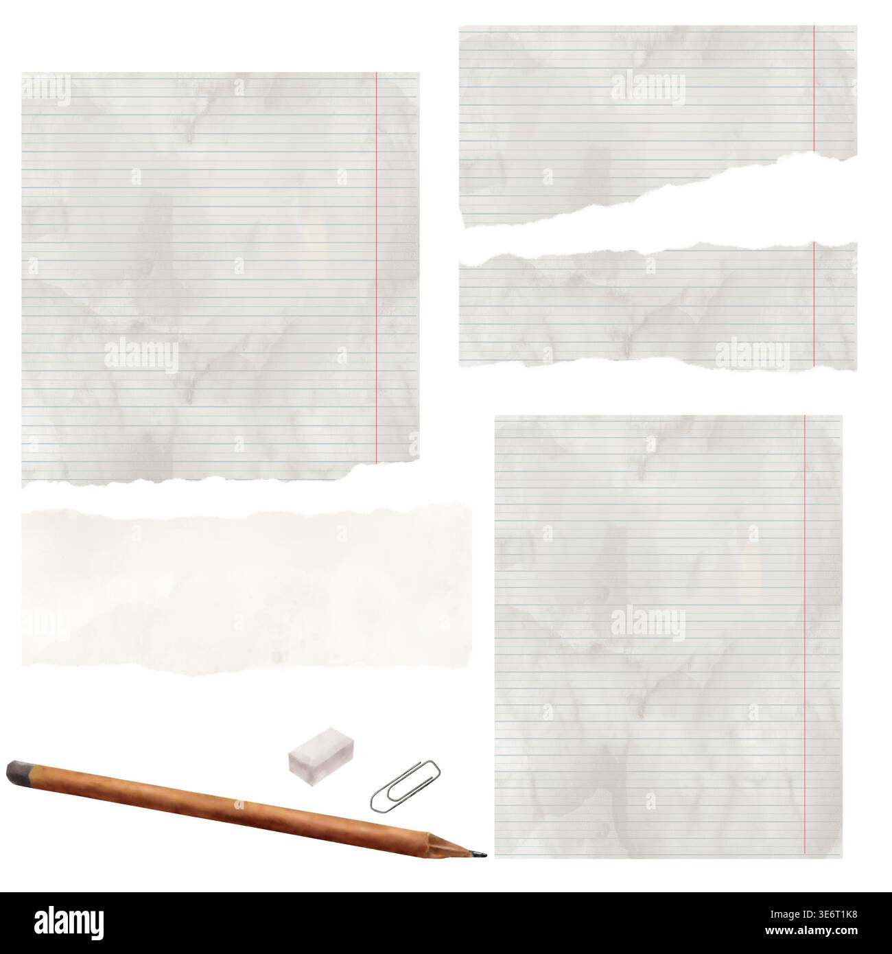 Blätter in einer Linie aus Schulnotizbüchern, mit ausgefransten Kanten und einem Bleistift. Aquarellabbildung. Ein Satz zerrissener Stücke und Streifen Papier mit Knusperei Stockfoto