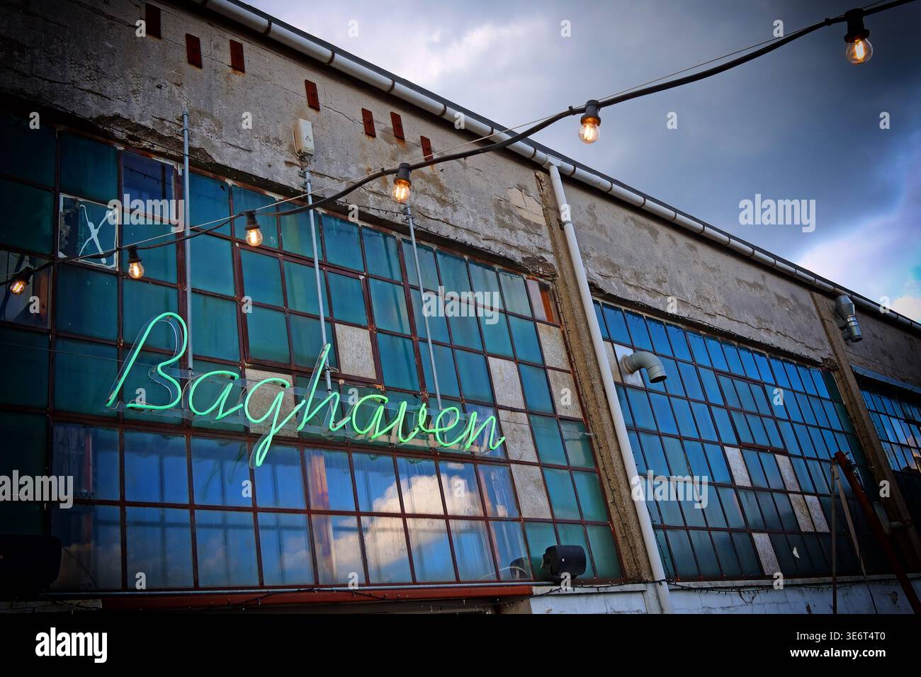 Das grüne Neon Baghaven-Schild leuchtet in der Abenddämmerung am Ufer des Mikkeller Baghaven in Kopenhagen. Stockfoto