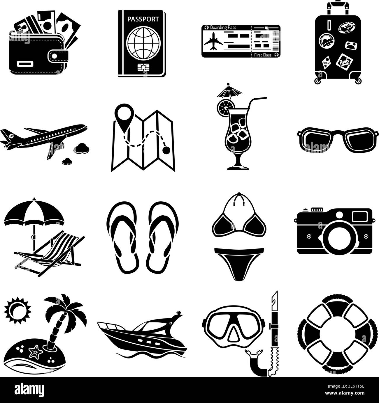 Urlaubs- und Tourismussymbole für mobile Anwendungen, Website, Werbung wie Boot, Cocktail, Insel, Flugzeug und Koffer. Stock Vektor